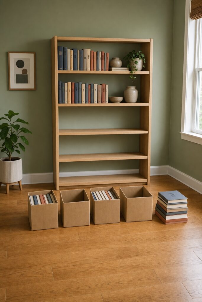 Sage green living room wall with a bookshelf half emptied and four small moving boxes lined up on the floor in front of it