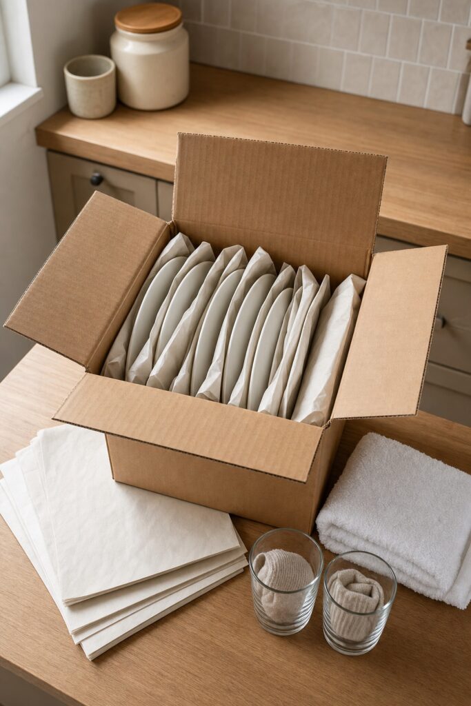 Open moving box on a kitchen counter with wrapped plates standing on their edges, a stack of plain packing paper and a folded towel beside it