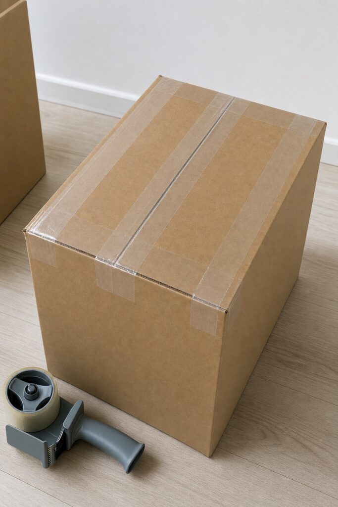 Sealed medium moving box on a wood floor with tape run along the center seam and both side edges, tape dispenser beside it