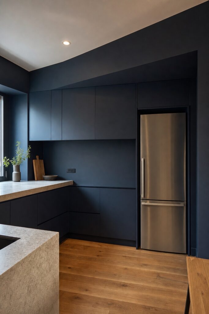 Kitchen where the soffit above the cabinets and the fridge surround are painted the same dark color so they disappear