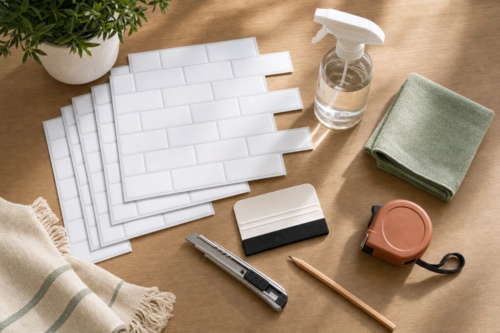 Flat-lay of peel-and-stick backsplash tools: tile sheets, a utility knife, a smoothing tool, spray cleaner, a cloth, a tape measure, and a pencil