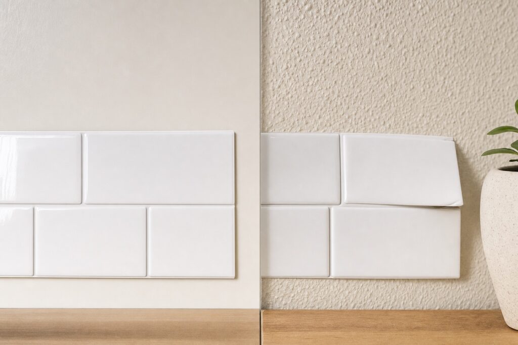 Peel-and-stick tile lying flat on a smooth wall on the left and lifting on a bumpy textured wall on the right