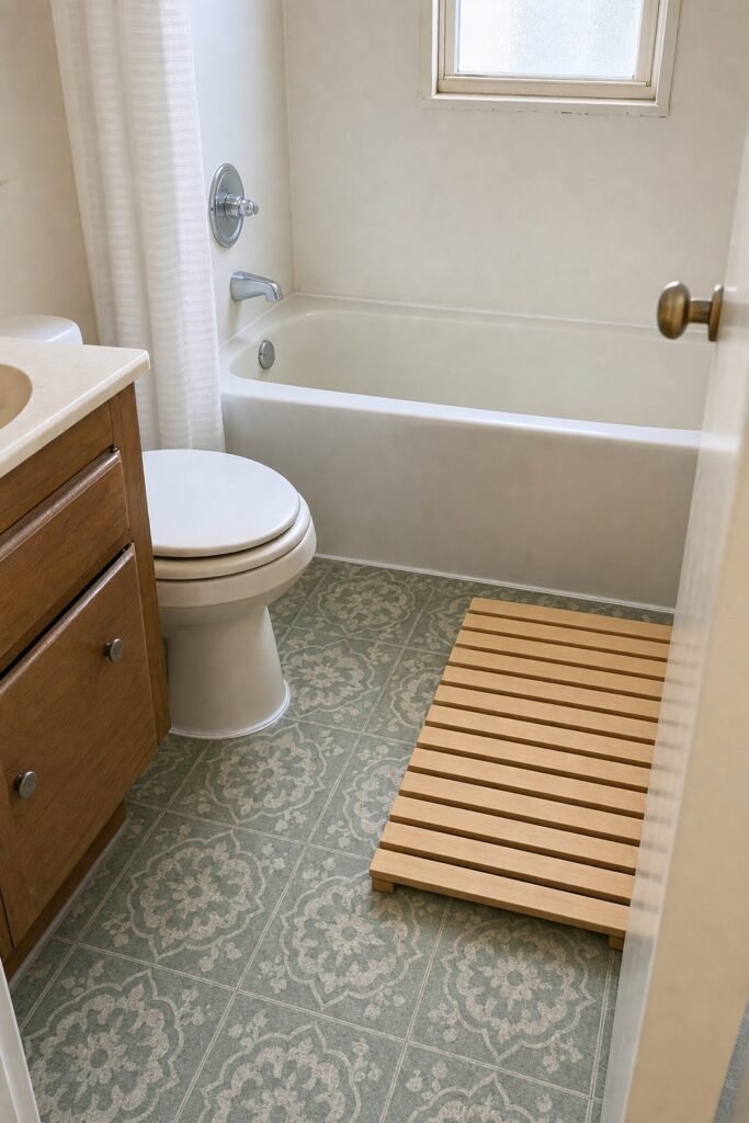 Small bathroom floor covered in patterned peel and stick tile with a slatted wooden mat raised off the surface