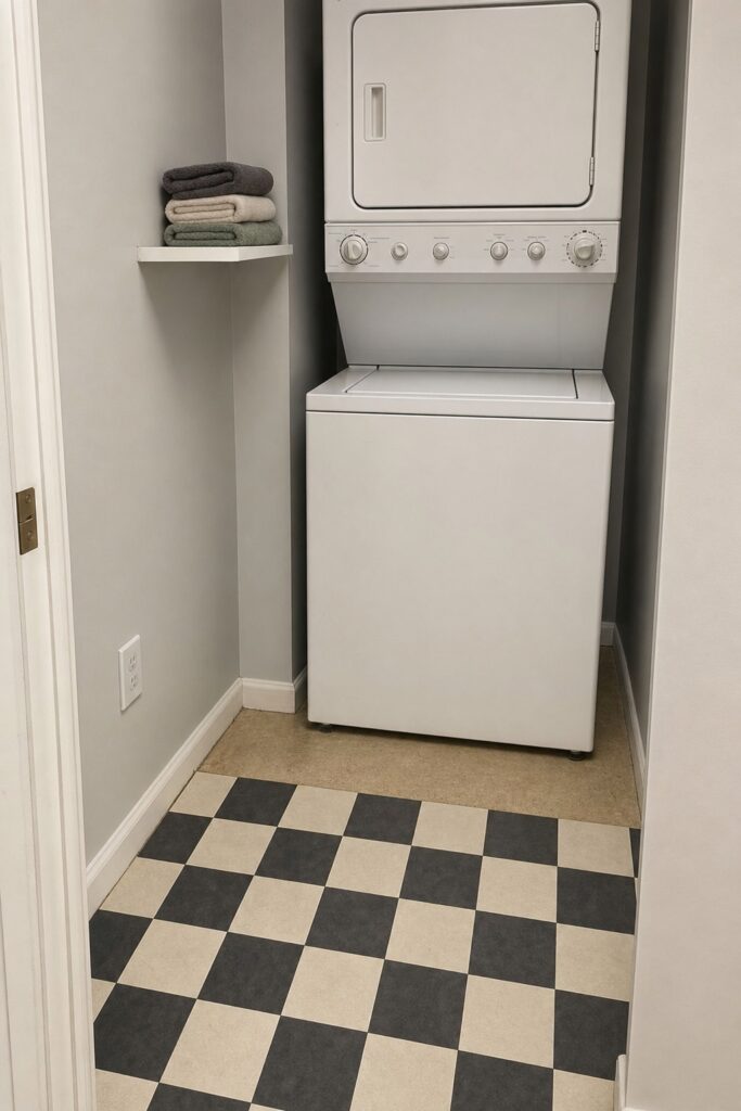 Laundry corner where peel and stick tile stops at a clean line in front of a stacked washer and dryer