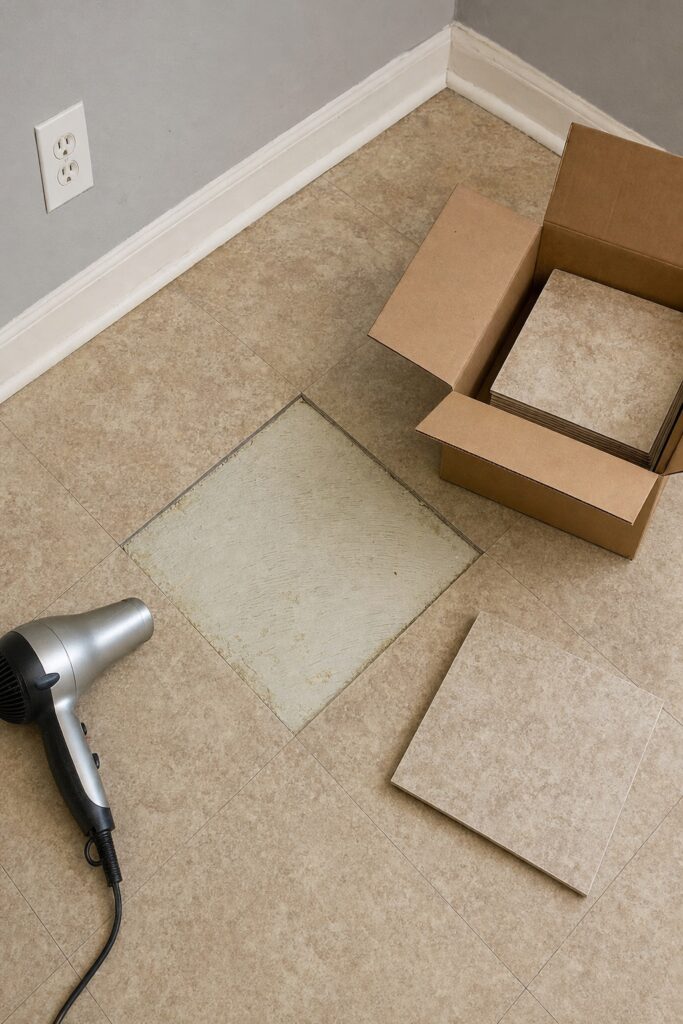 Corner of a tiled floor with one test tile lifted showing clean sealed vinyl underneath and the leftover box beside it