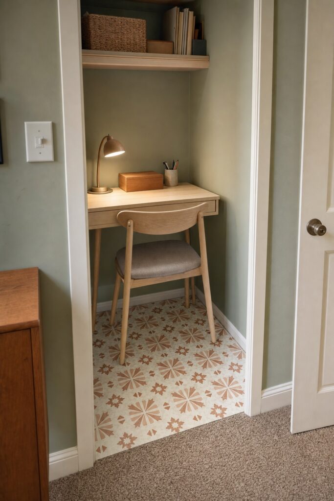 Small closet office nook with a neatly tiled peel and stick floor and plain walls