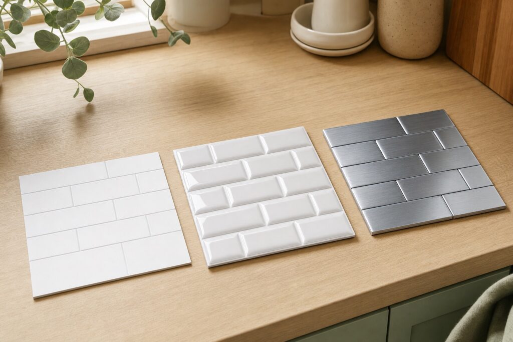 Three peel-and-stick tile samples on a wood counter: flat vinyl, glossy 3D gel, and brushed metal