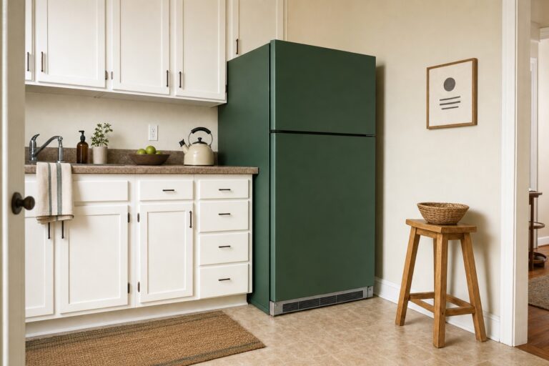 Small kitchen with a fridge wrapped in matte deep green vinyl standing beside plain white cabinets