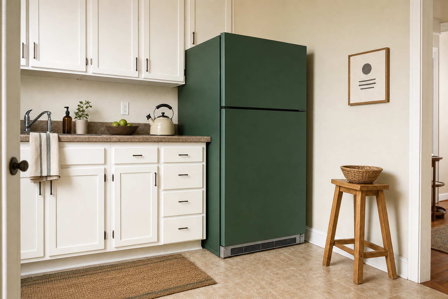 Small kitchen with a fridge wrapped in matte deep green vinyl standing beside plain white cabinets