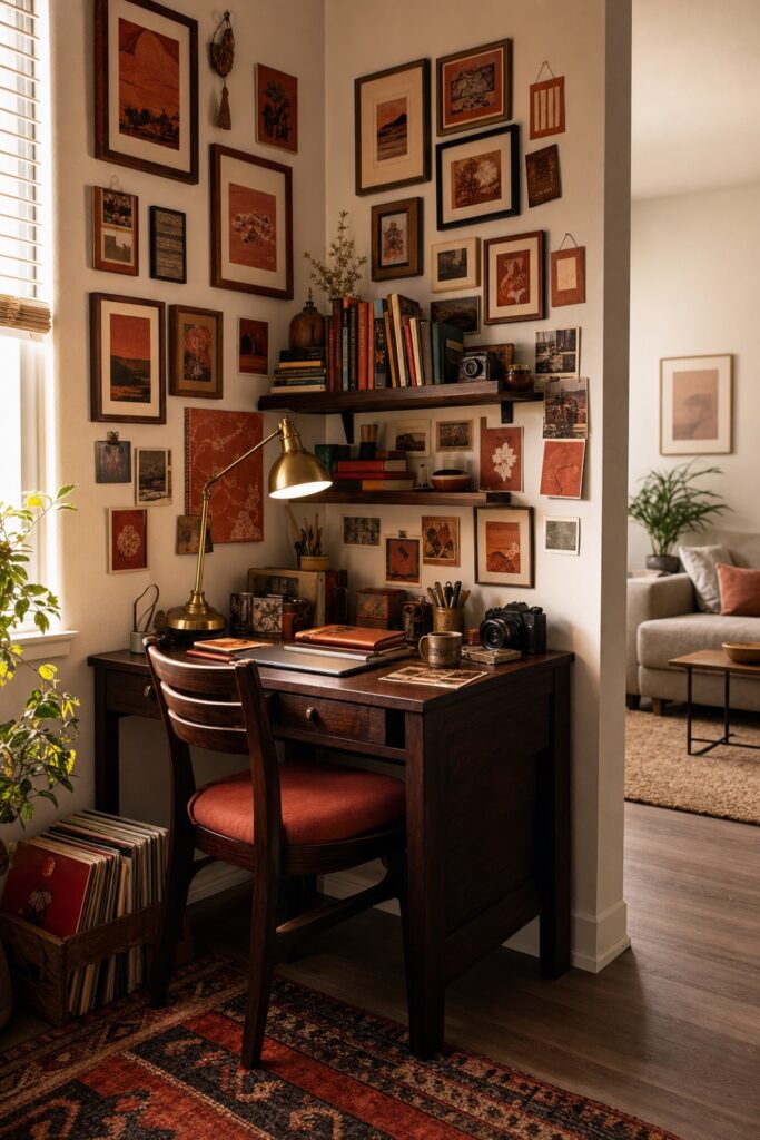 Small desk corner in a shared apartment styled entirely to one person's taste with their own art and objects