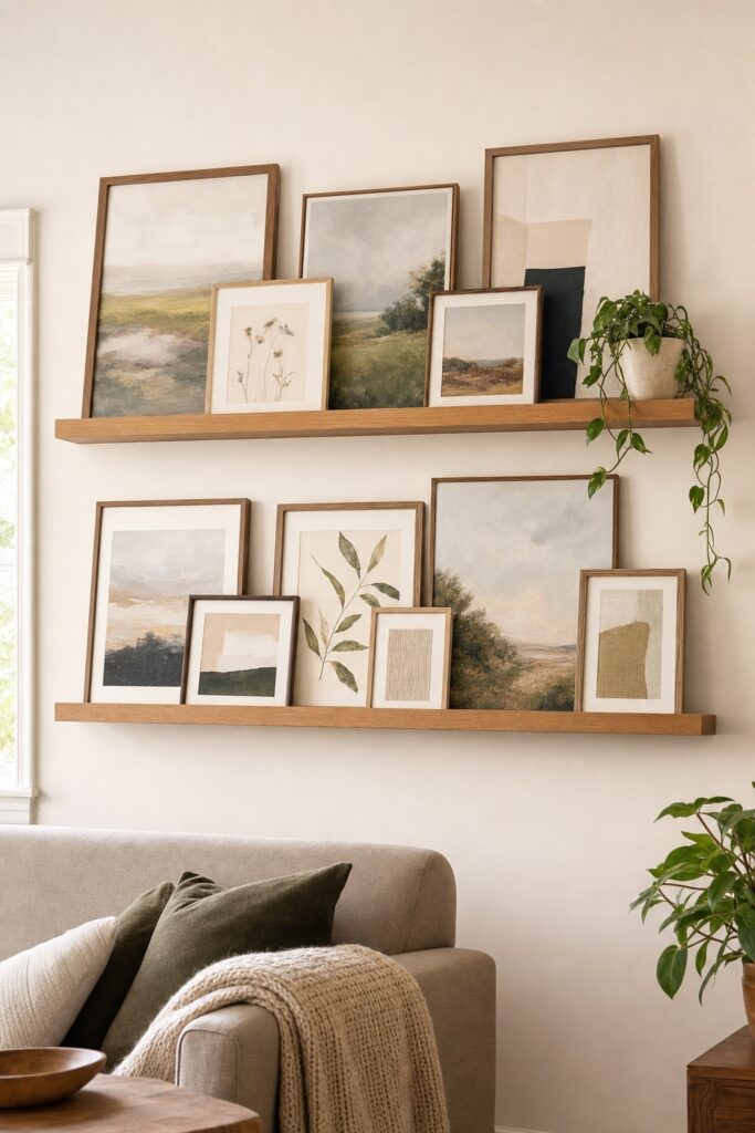 Two wood picture ledges on a living room wall with wordless art prints leaning in overlapping layers, a small trailing plant on the upper ledge.
