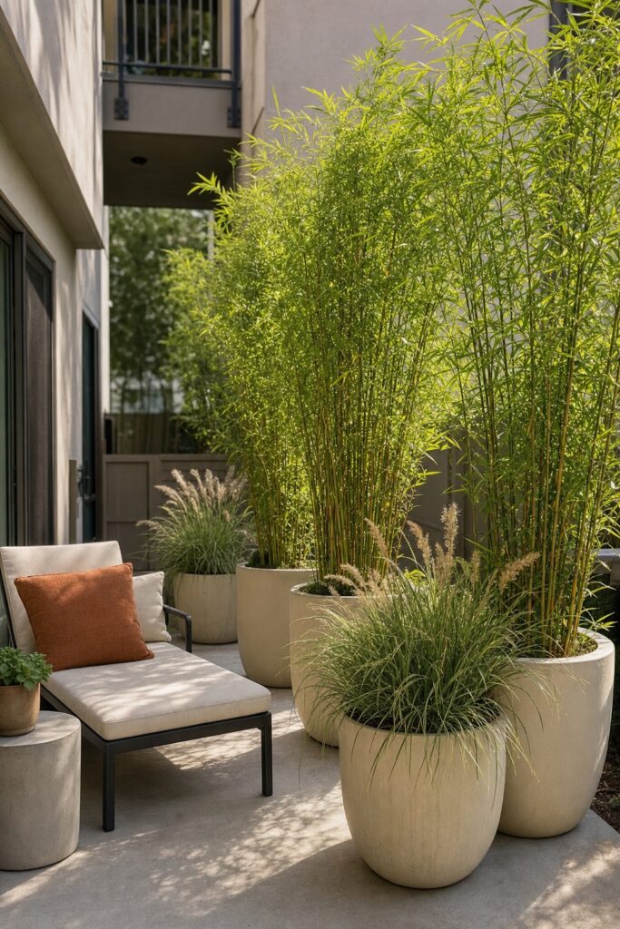 Row of tall planters with clumping bamboo and ornamental grasses forming a privacy hedge on an apartment patio