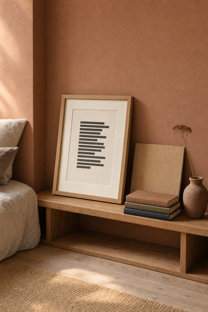 A framed quote print on a bedroom wall beside a record sleeve and a stack of well-read books, reading as personal rather than generic