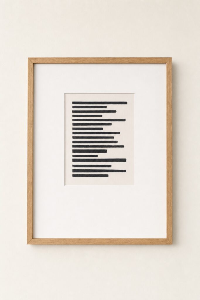 A small print inside a much larger oak frame with a wide white mat, showing how a generous border makes a print look framed rather than filled