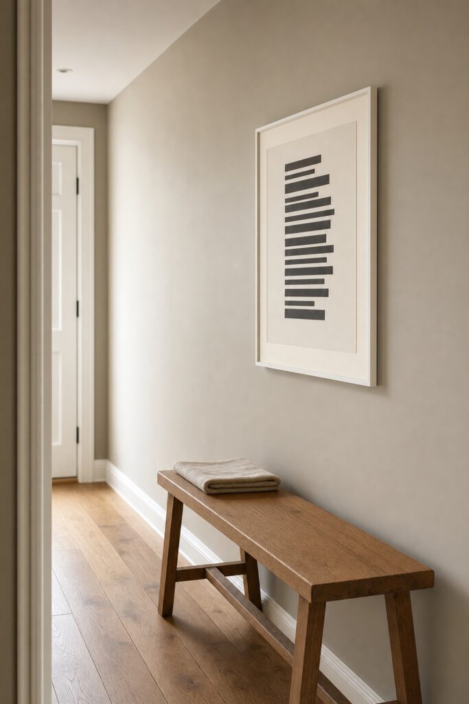 One framed quote print hung at eye level in a quiet hallway with a warm greige wall and an oak floor