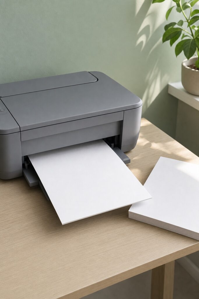A blank sheet of heavy matte cardstock emerging from an ordinary home printer on a desk against a sage wall