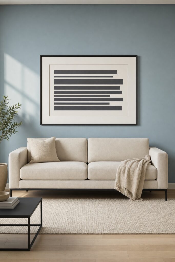 One large matted print in a thin black frame hung at the correct scale above a cream sofa on a dusty blue wall