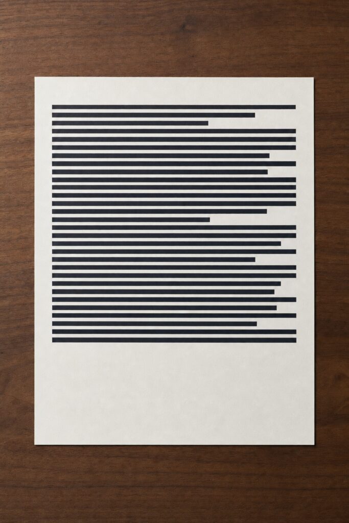 A printed sheet lying flat on a walnut table with the type block filling the width and the bottom margin visibly deeper than the top