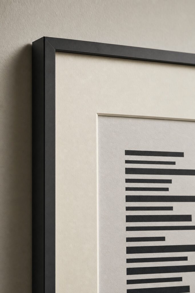 Close view of a matted print in a thin charcoal frame, showing the depth of the mat opening and the texture of matte paper
