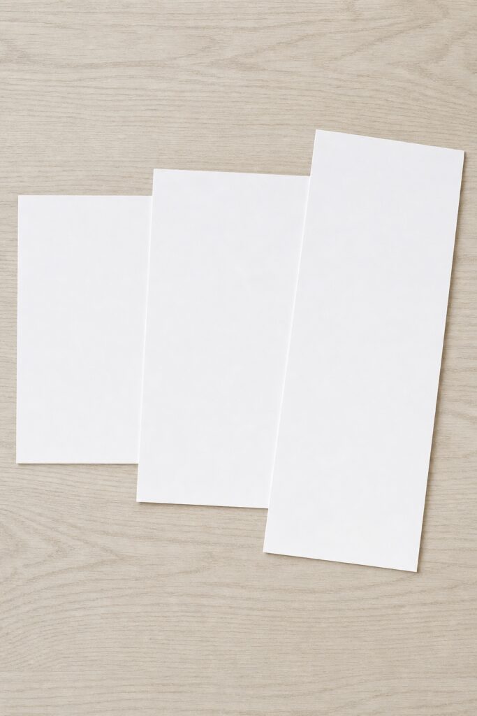 Three blank sheets of paper in different proportions overlapped on a pale wood table to show that print sizes are different shapes