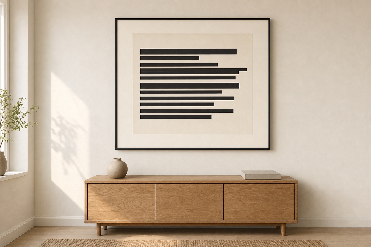 A large matted quote print in a thin black frame hanging above a low oak sideboard on a warm off-white wall