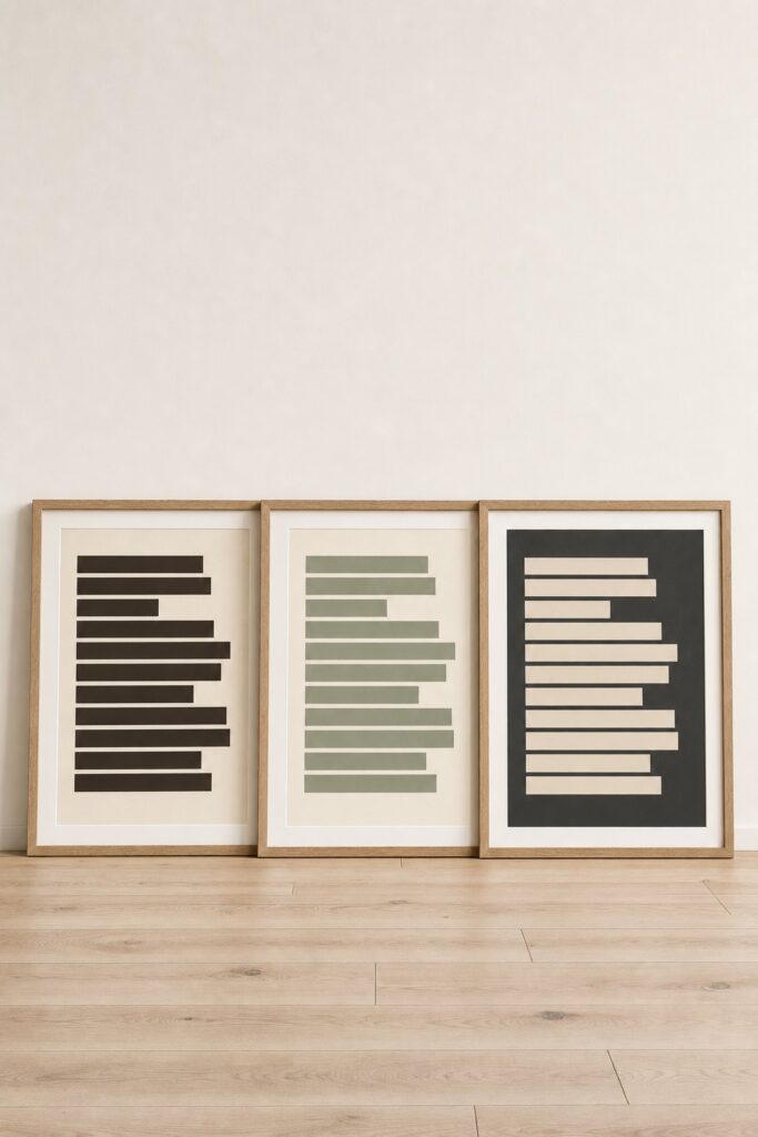 Three framed prints leaning against a wall in three palettes: dark ink on cream, muted sage on cream, and pale type on a deep charcoal ground