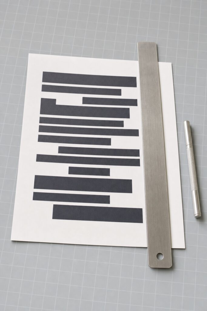 A printed sheet on a grey cutting mat with a steel ruler laid across it and a craft knife beside, set up for trimming