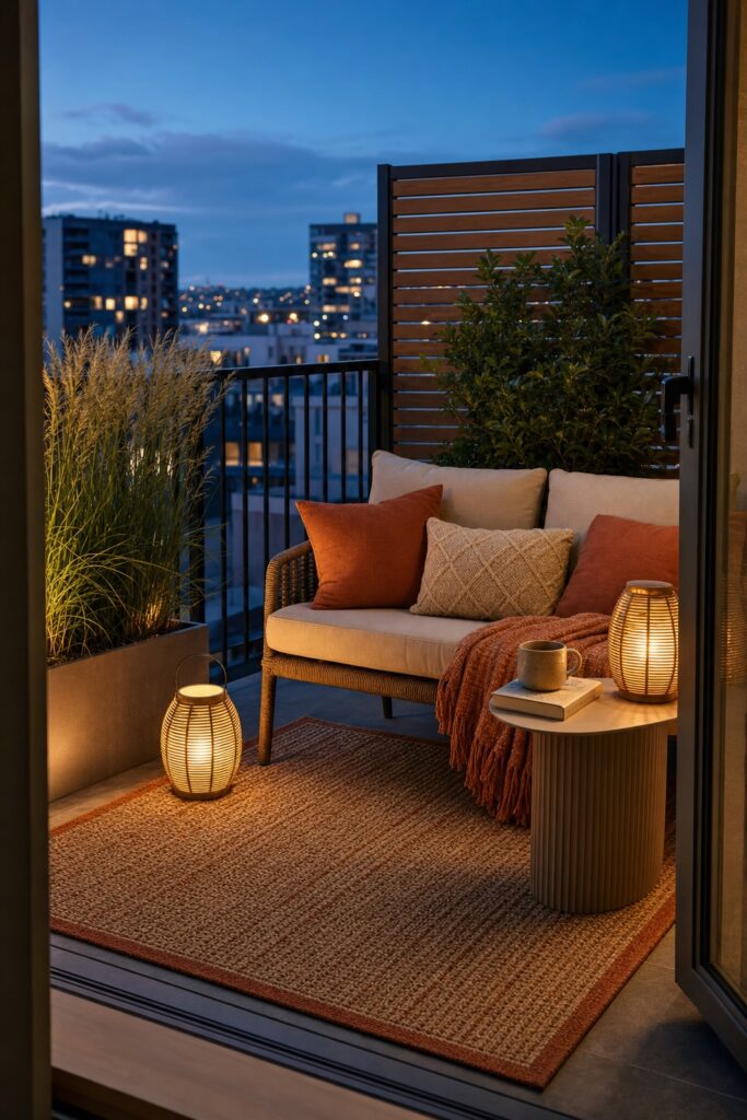 Private apartment balcony at dusk with an outdoor rug, glowing lanterns, and a small cushioned loveseat