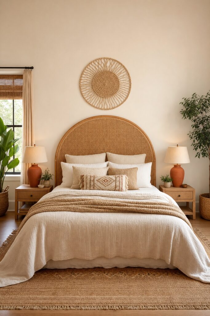 Boho headboard moment: an arched cane headboard with a woven wall piece above it, layered neutral bedding below, and warm bedside lamps.