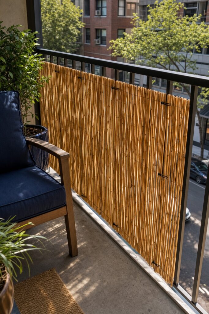 Natural reed screening attached neatly inside a balcony railing with small ties, softening the street view