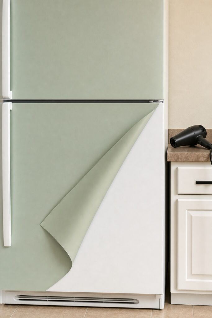 Corner of vinyl wrap peeled back flat against a fridge door showing clean undamaged white metal beneath