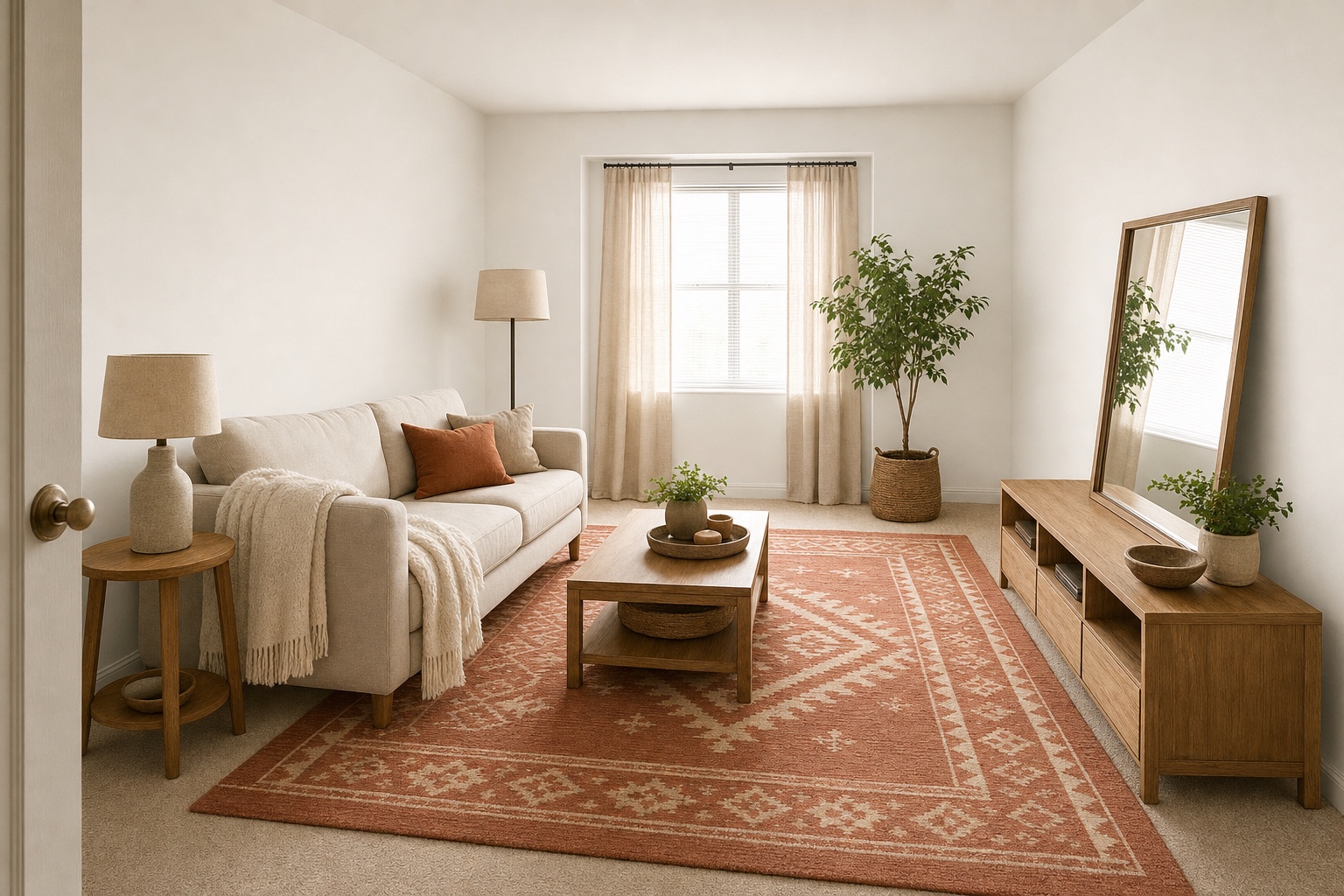 Plain rental living room decorated with a large rug, lamps, a leaned mirror and plants, with nothing fixed to the walls