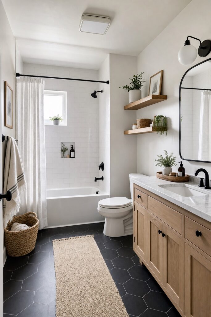 Tidy black-and-white rental bathroom with neatly grouped storage and minimal clutter