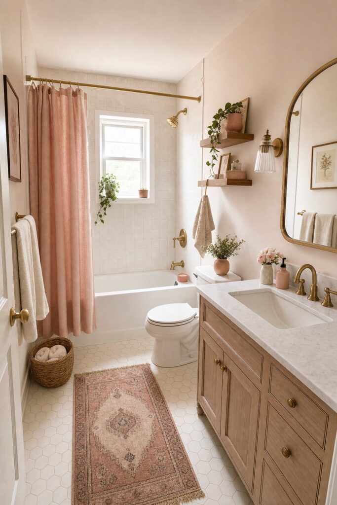 Cohesive blush-pink and cream rental bathroom with brass fixtures