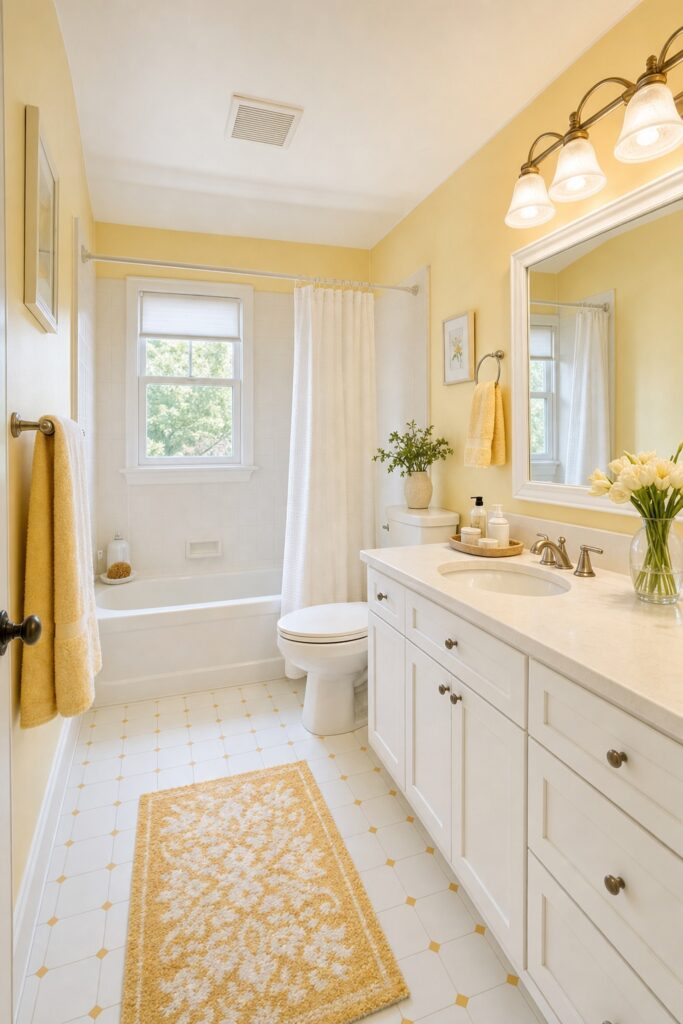 Sunny butter-yellow rental bathroom with a clear vanity and large mirror
