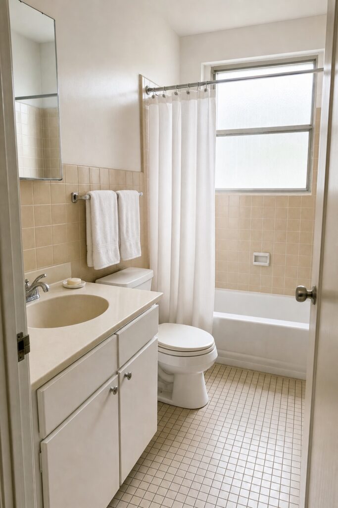 Dated rental bathroom looking fresh after a deep clean and declutter, with clear counters and neatly hung towels
