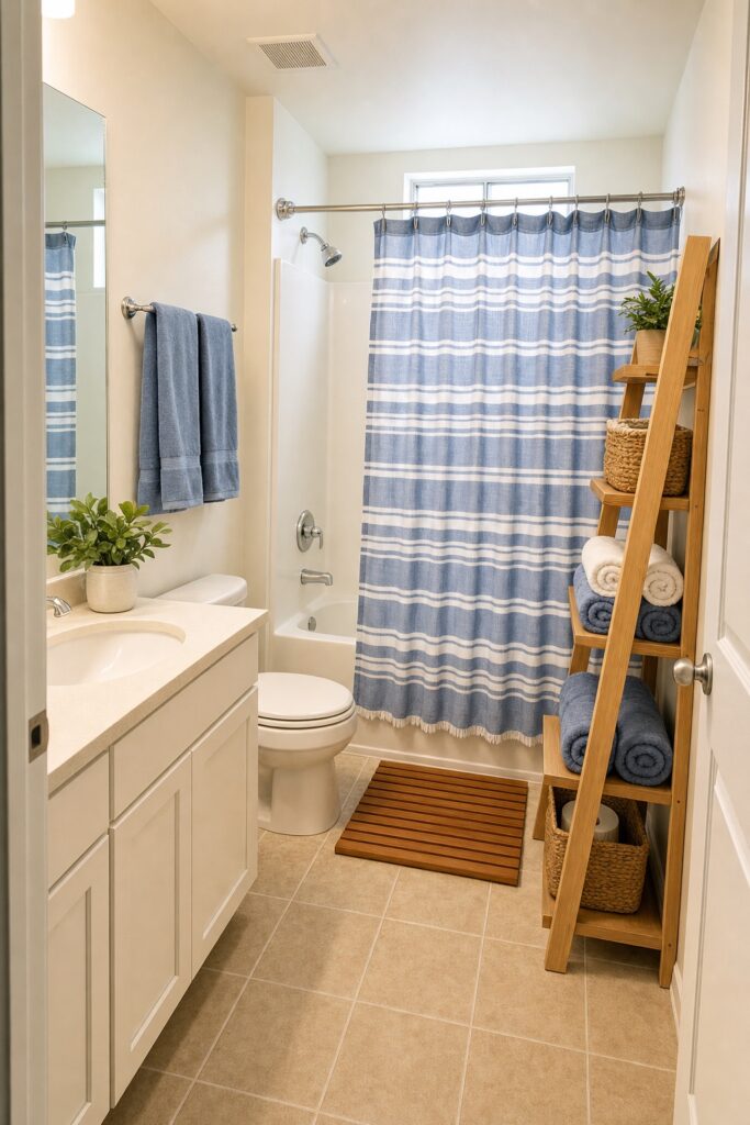 Plain rental bathroom styled coastal with a striped shower curtain, chambray towels, a leaning ladder shelf, and a teak mat — no paint or drilling