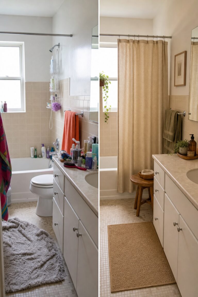 Small rental bathroom shown before and after a no-renovation makeover with coordinated textiles