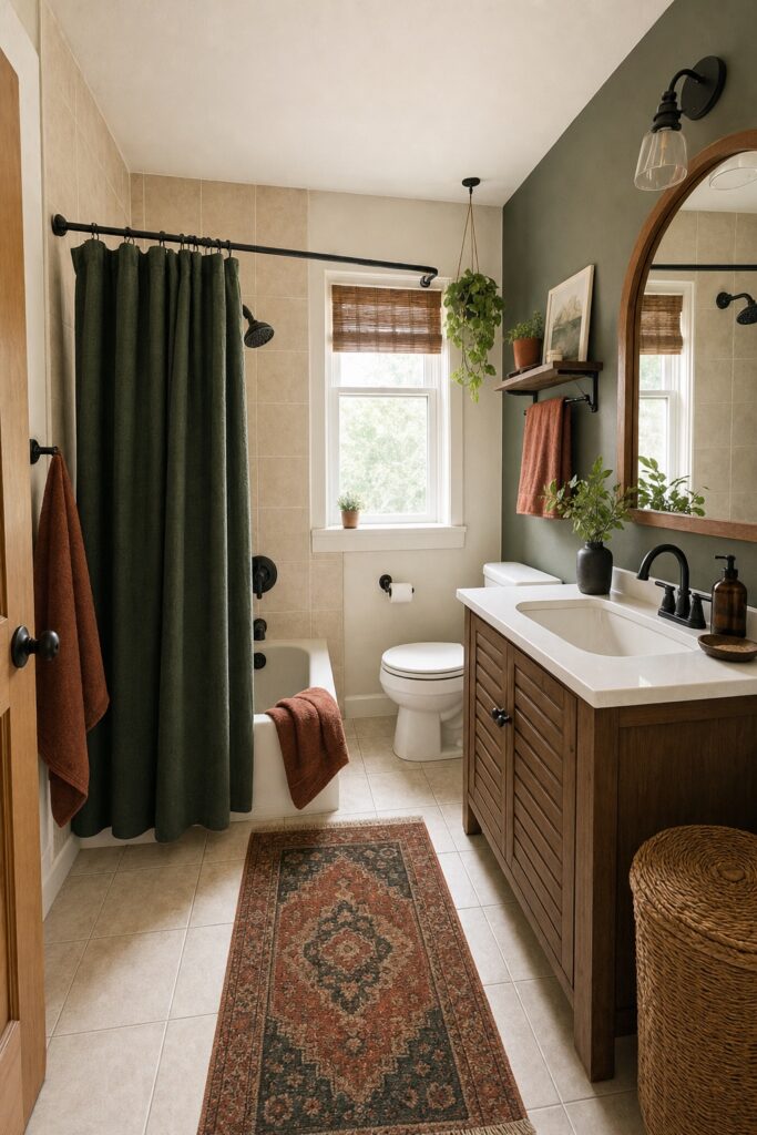 Moody rental bathroom with a deep green curtain, terracotta accents and matte black fixtures
