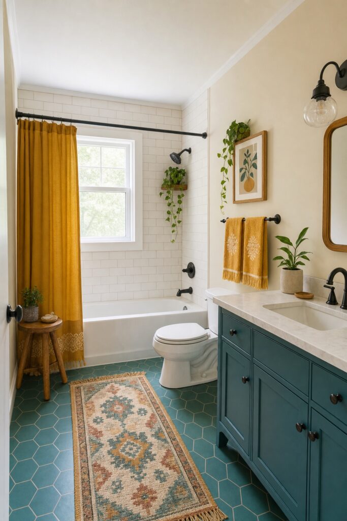Eclectic mustard-and-teal rental bathroom with framed art, a plant and coordinated towels
