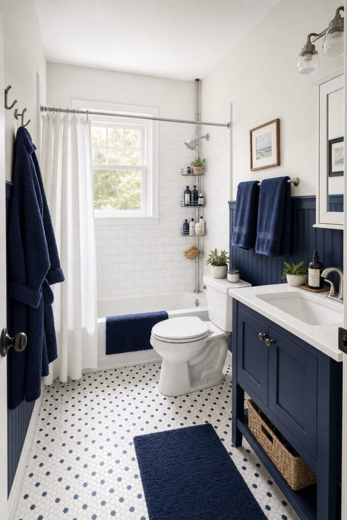 Navy and white rental bathroom with a robe and towels air-drying on hooks and a bar