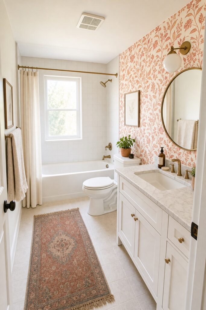 Rental bathroom with a removable terracotta botanical wallpaper accent wall
