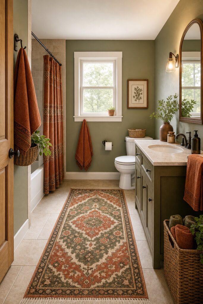 Olive-green rental bathroom with a rust patterned washable runner on the floor