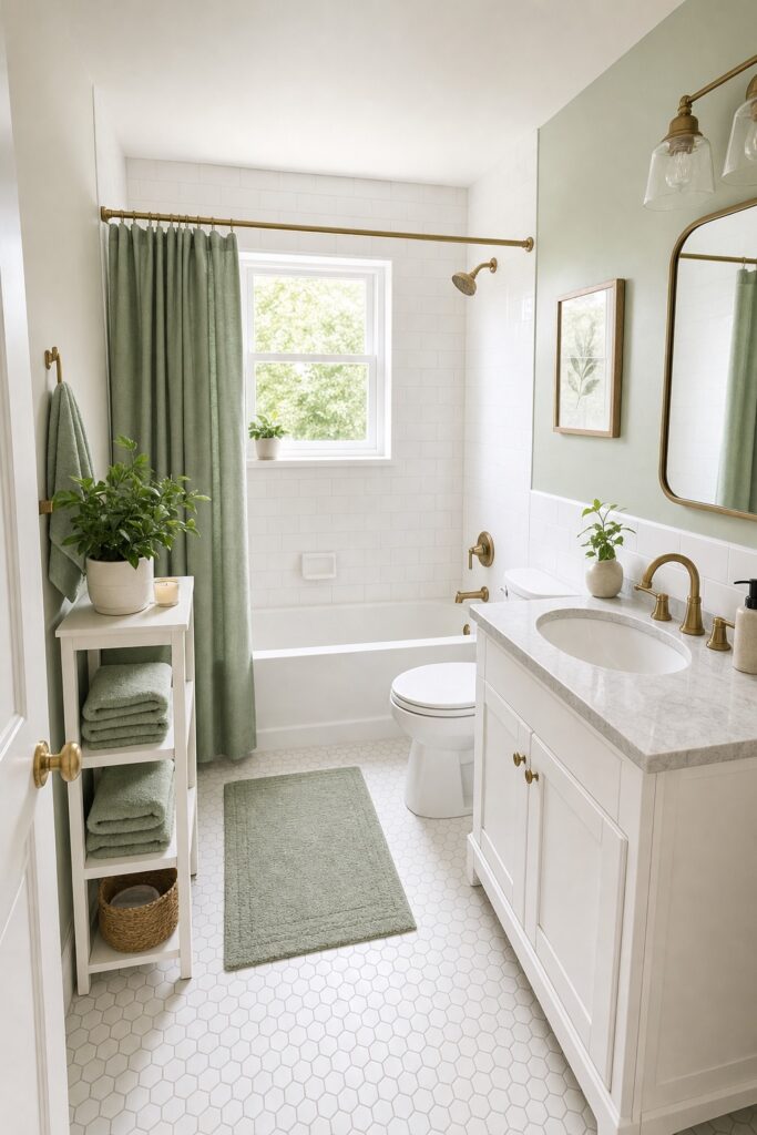 Bright white and sage-green rental bathroom with open shelf storage and brass fixtures