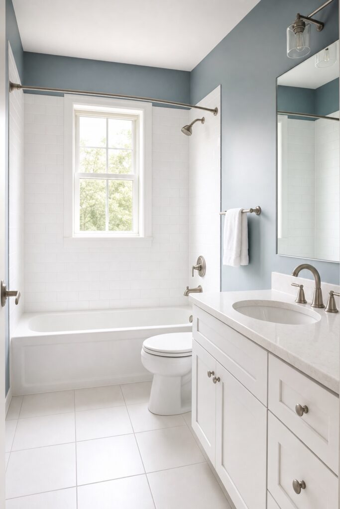 Simple slate-blue and white rental bathroom, undecorated and clean before any changes