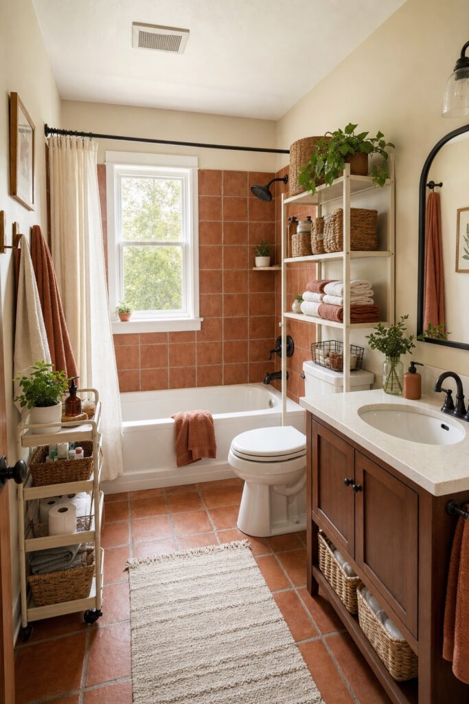 Warm terracotta rental bathroom with a storage cart, shelf and baskets