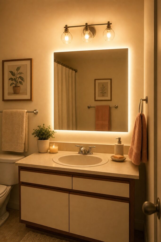Small rental bathroom glowing with warm light from upgraded bulbs and a soft backlit mirror