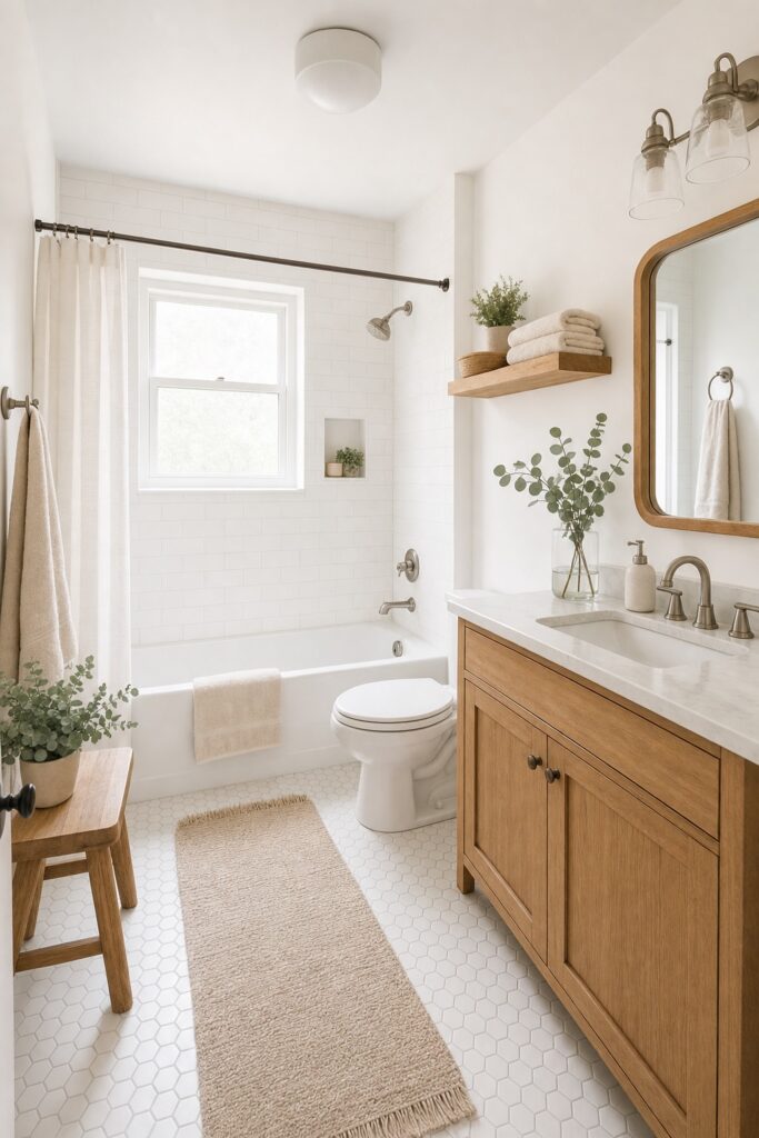 Warm-minimalist rental bathroom with light wood, white tile and eucalyptus