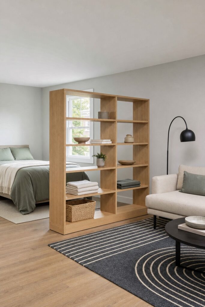 Open backless bookcase used as a freestanding room divider in a studio apartment beside a rug and floor lamp