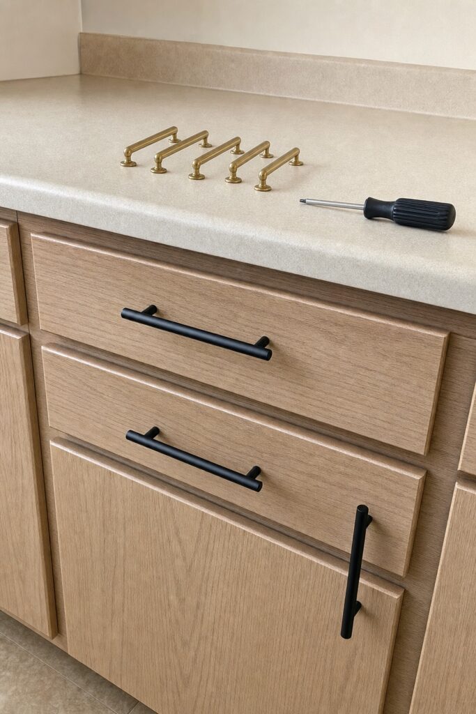 Rental kitchen cabinet with new matte black pulls fitted and the removed builder grade pulls lying on the counter